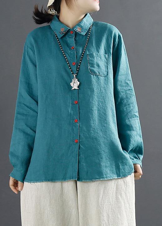 Beautiful Blue Blouses For Women Lapel Embroidery Baggy Blouse