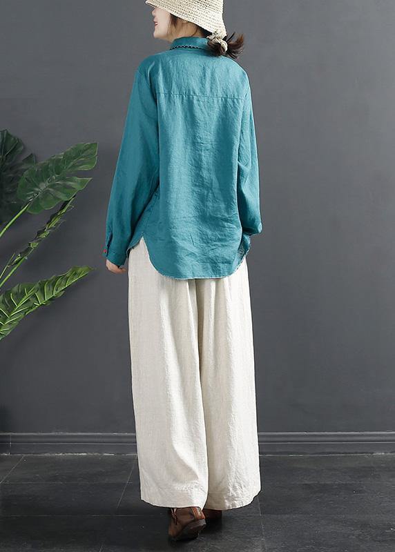 Beautiful Blue Blouses For Women Lapel Embroidery Baggy Blouse