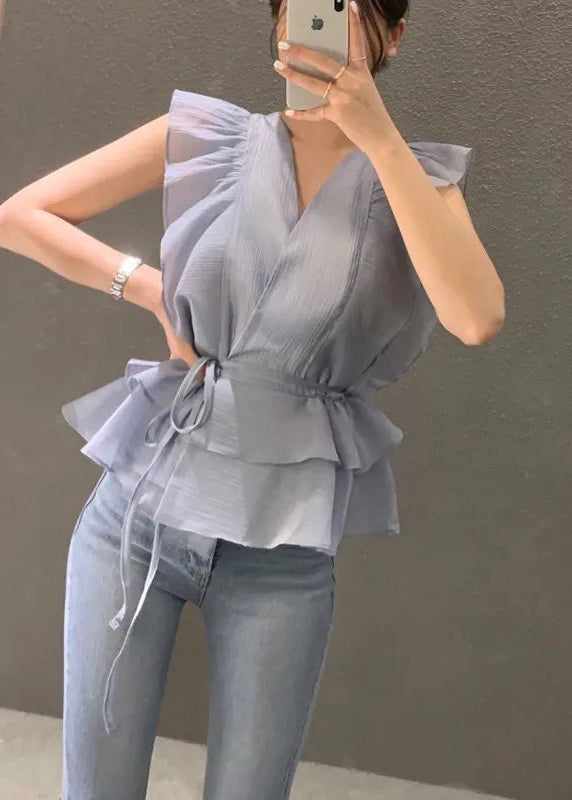 Blue Cinched Ruffles Shirts Sleeveless
