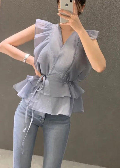 Blue Cinched Ruffles Shirts Sleeveless