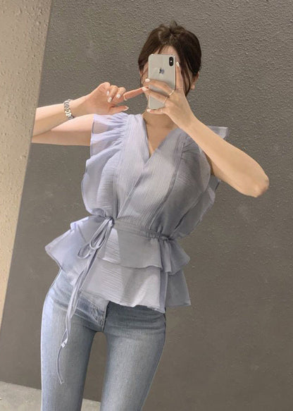 Blue Cinched Ruffles Shirts Sleeveless