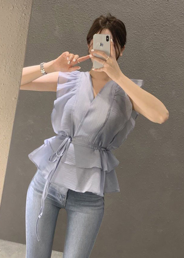 Blue Cinched Ruffles Shirts Sleeveless