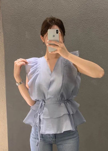Blue Cinched Ruffles Shirts Sleeveless