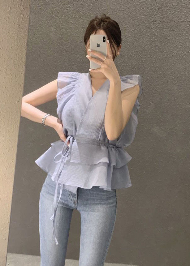 Blue Cinched Ruffles Shirts Sleeveless