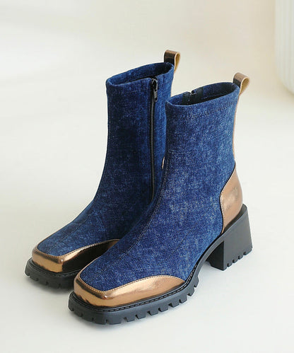 Blue Cowhide Leather Splicing Chunky Boots
