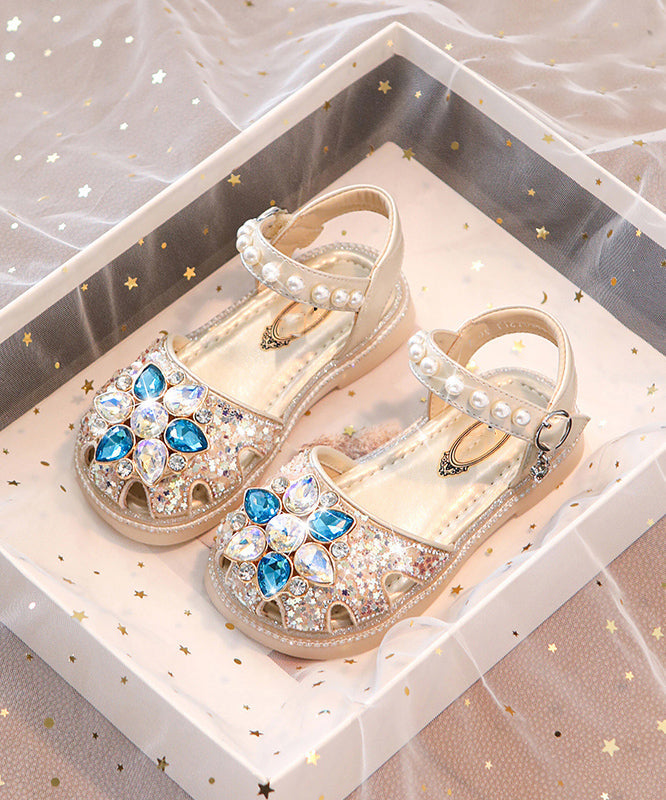 Blue Crystal Hollow Out Buckle Strap Flat Sandals