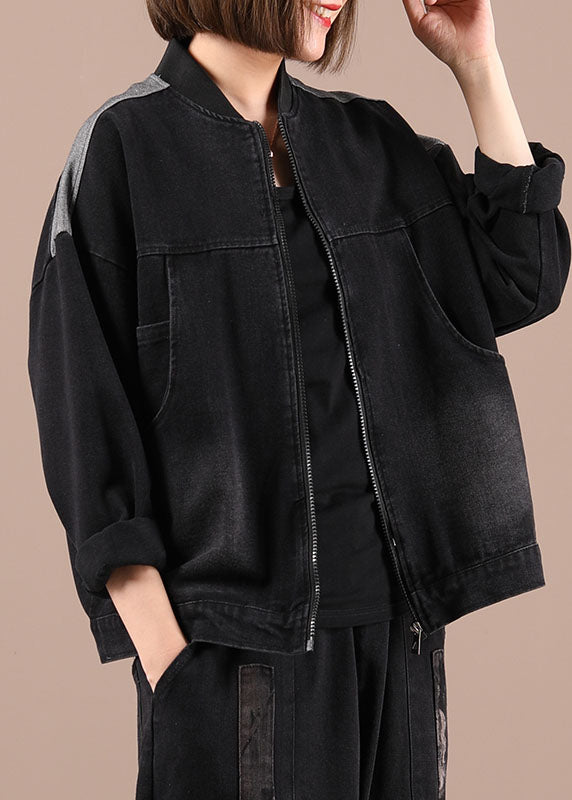 Blue Denim Zippered Pockets Fall Coat Long Sleeve