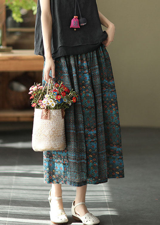 Blue Elastic Waist Print Patchwork Linen Skirts Summer