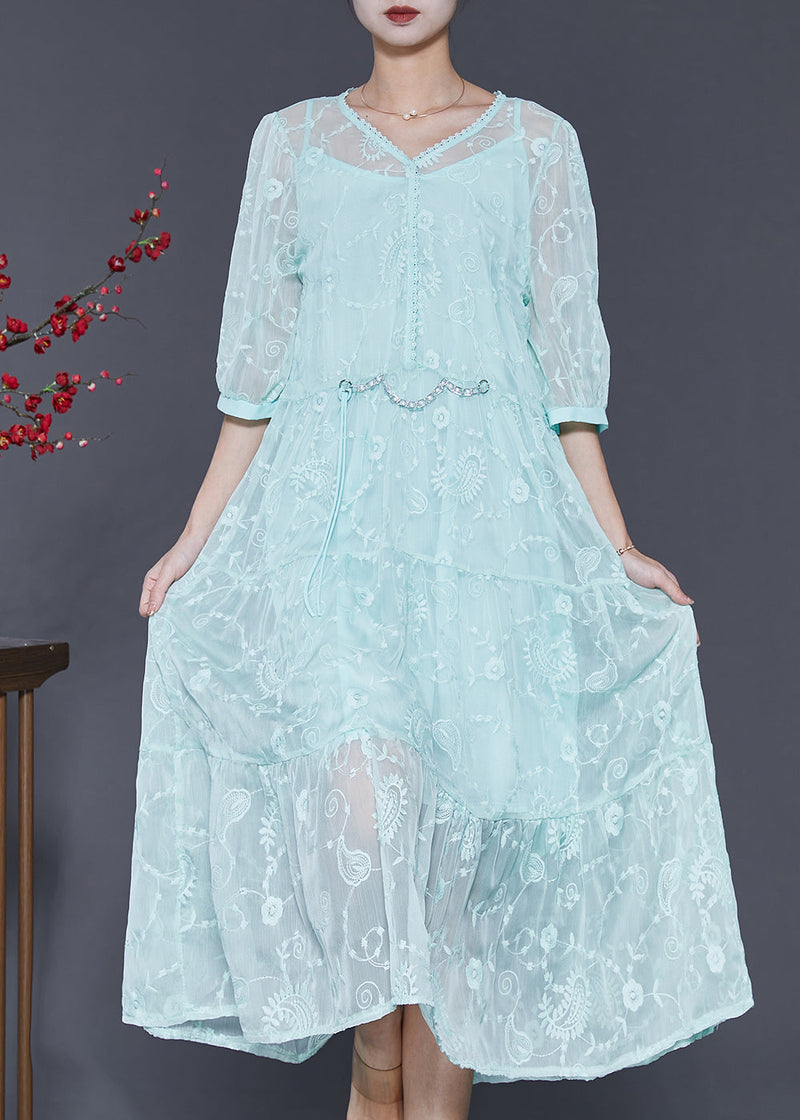 Blue Embroidered Silk Long Dress Half Sleeve