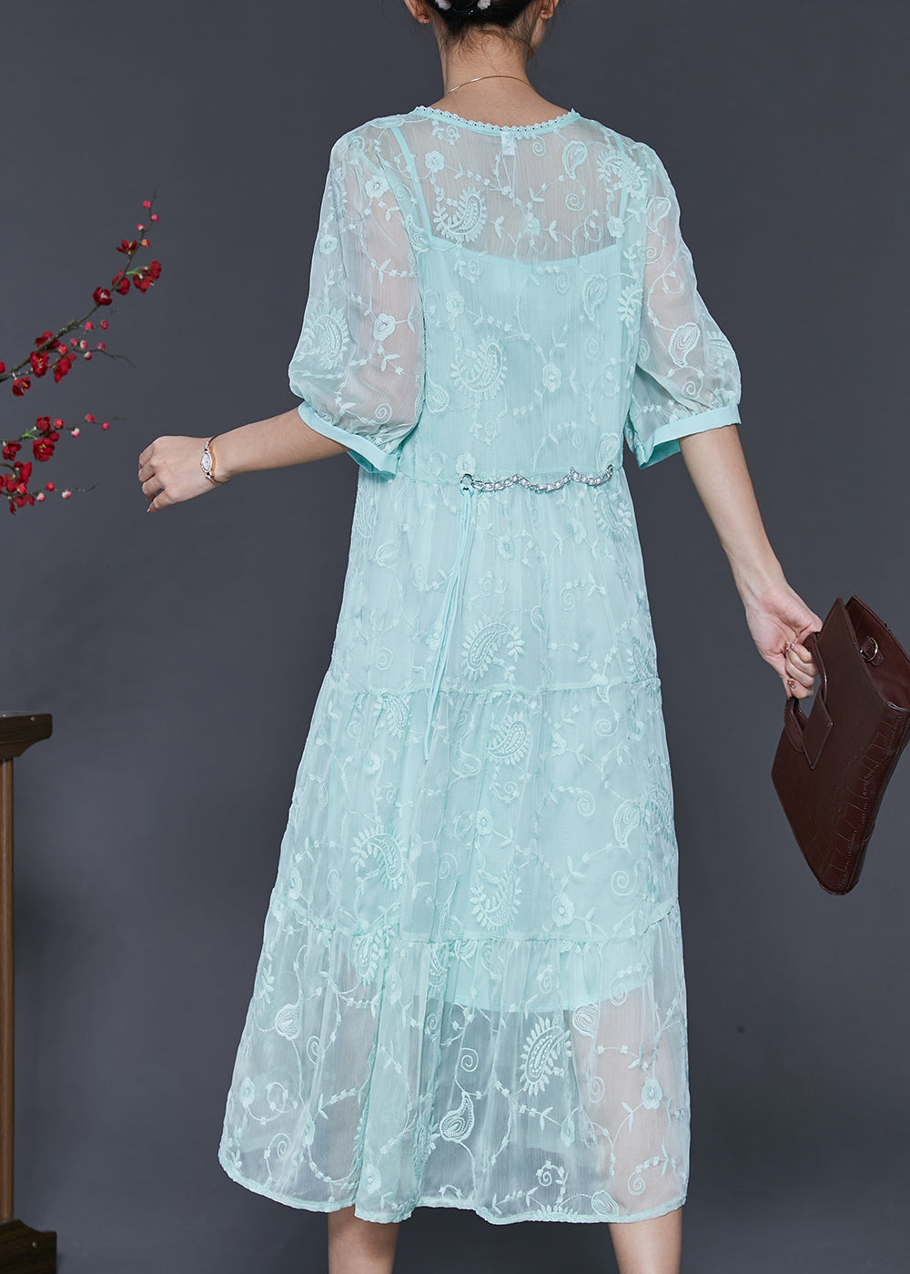Blue Embroidered Silk Long Dress Half Sleeve