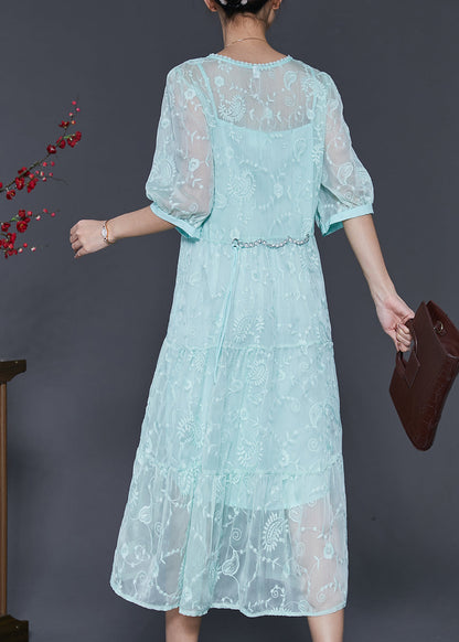 Blue Embroidered Silk Long Dress Half Sleeve