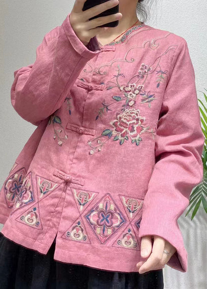 Blue Embroideried Oriental Button Linen Chinese Style Coats Spring