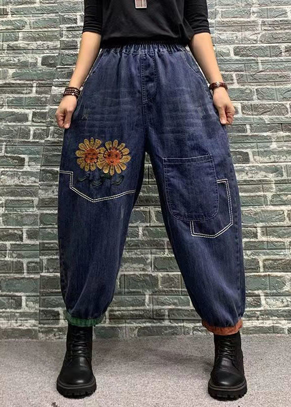 Blue Print Patchwork Elastic Waist Denim Crop Pants Spring