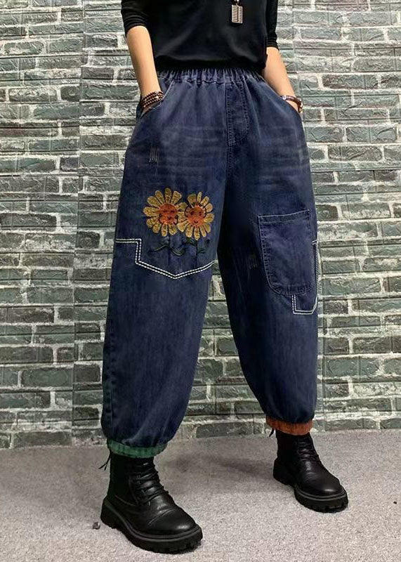 Blue Print Patchwork Elastic Waist Denim Crop Pants Spring