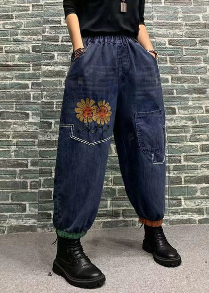 Blue Print Patchwork Elastic Waist Denim Crop Pants Spring