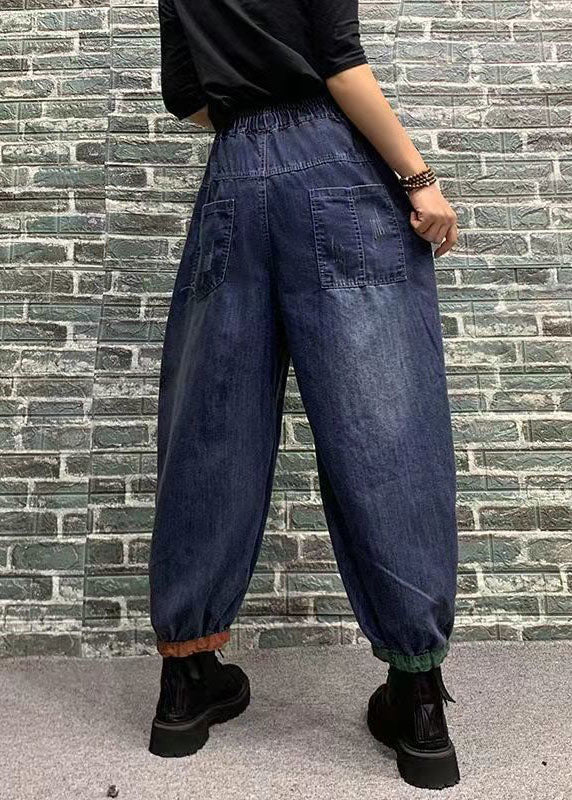 Blue Print Patchwork Elastic Waist Denim Crop Pants Spring