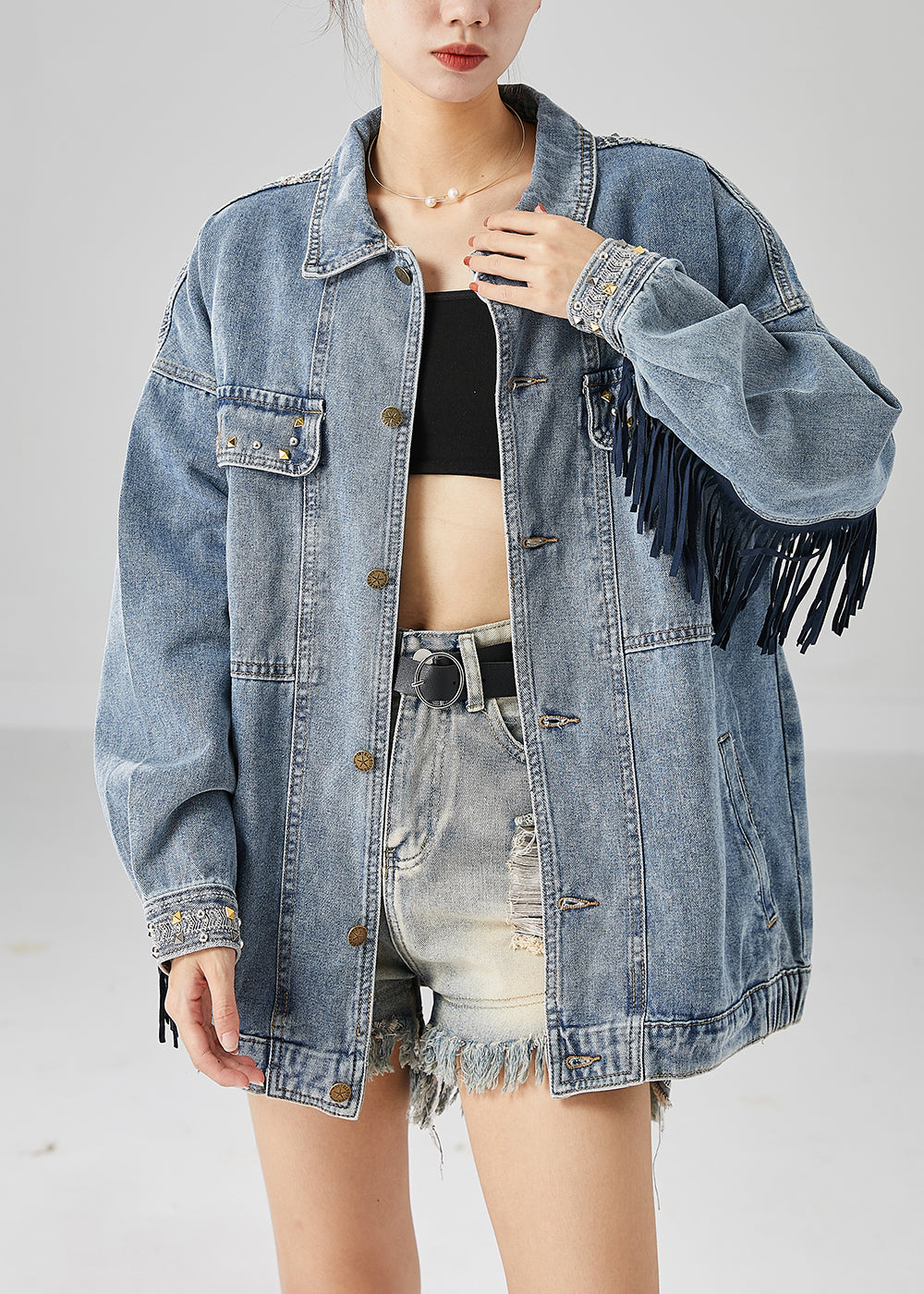 Blue Embroideried Patchwork Tasseled Denim Coats Fall