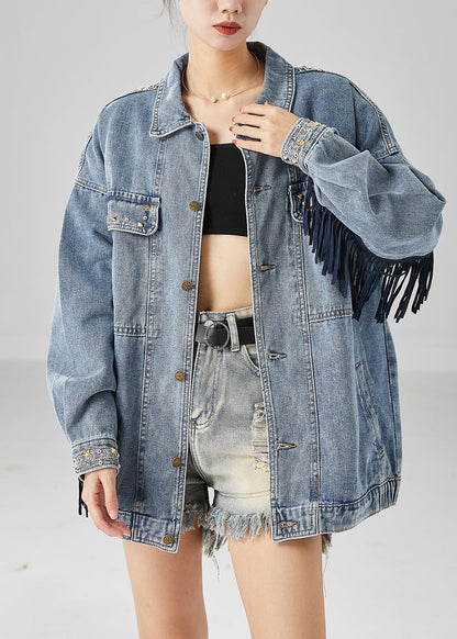 Blue Embroideried Patchwork Tasseled Denim Coats Fall