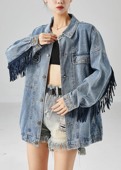 Blue Embroideried Patchwork Tasseled Denim Coats Fall