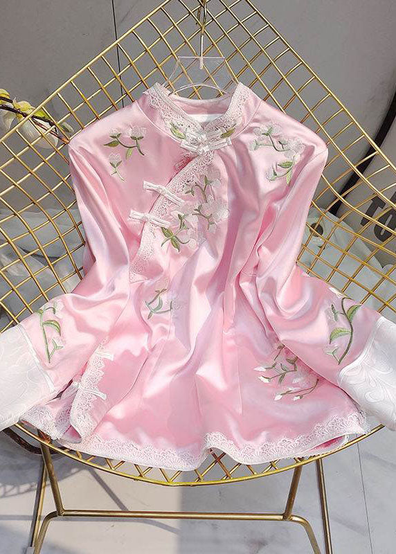 Blue Embroideried Stand Collar Patchwork Silk Tops Half Sleeve