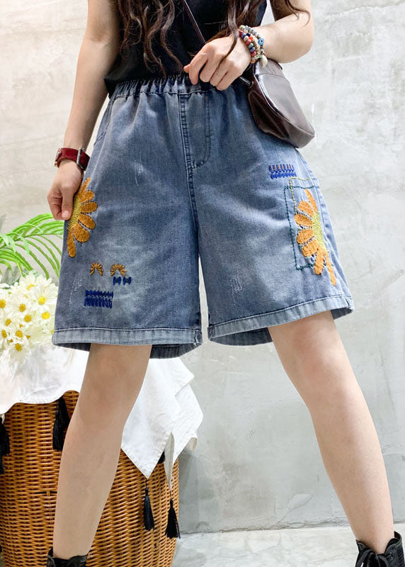 Blue Embroideried Denim Shorts Summer