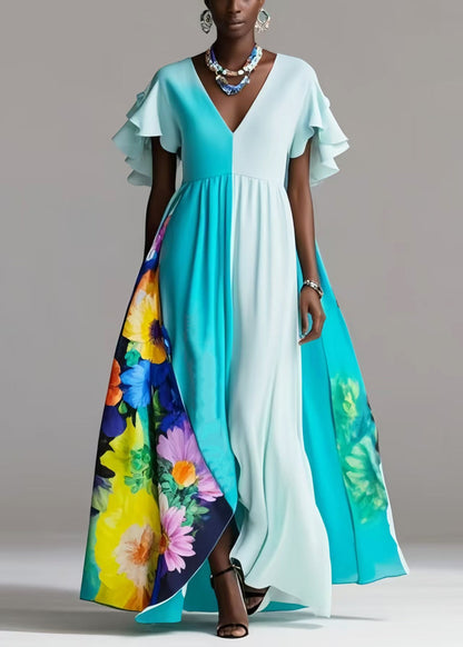 Blue Exra Large Hem Patchwork Silk Vestidos Dress Petal Sleeve