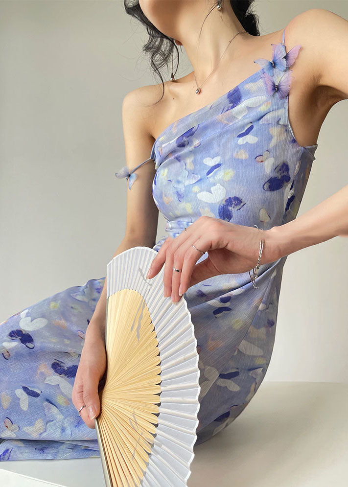 Blue Print Slim Fit Chiffon Holiday Spaghetti Strap Dress Summer
