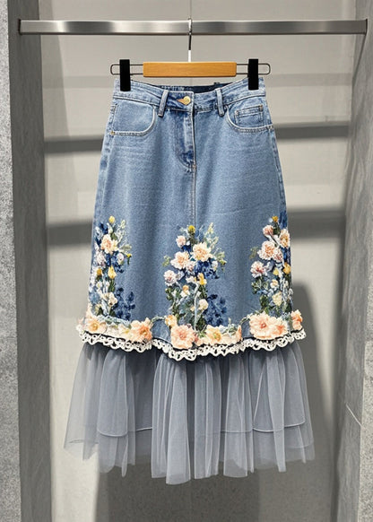 Blue Flower Patchwork Tulle Denim Skirts Fall
