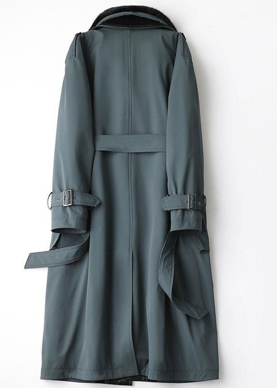 Blue Fox Collar Bouble Breast Pockets Sashes Leather and Fur Lengthen Parkas Winter