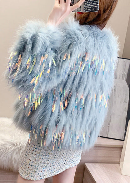Blue Grey O-neck Tassel Leather and Fur Coats Winter