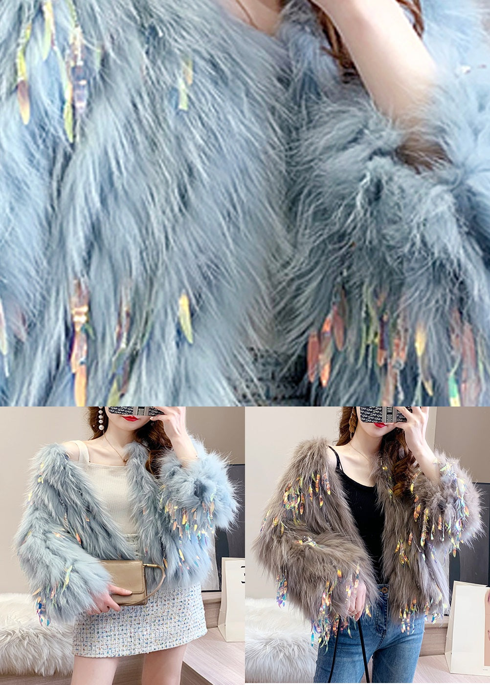 Blue Grey O-neck Tassel Leather and Fur Coats Winter