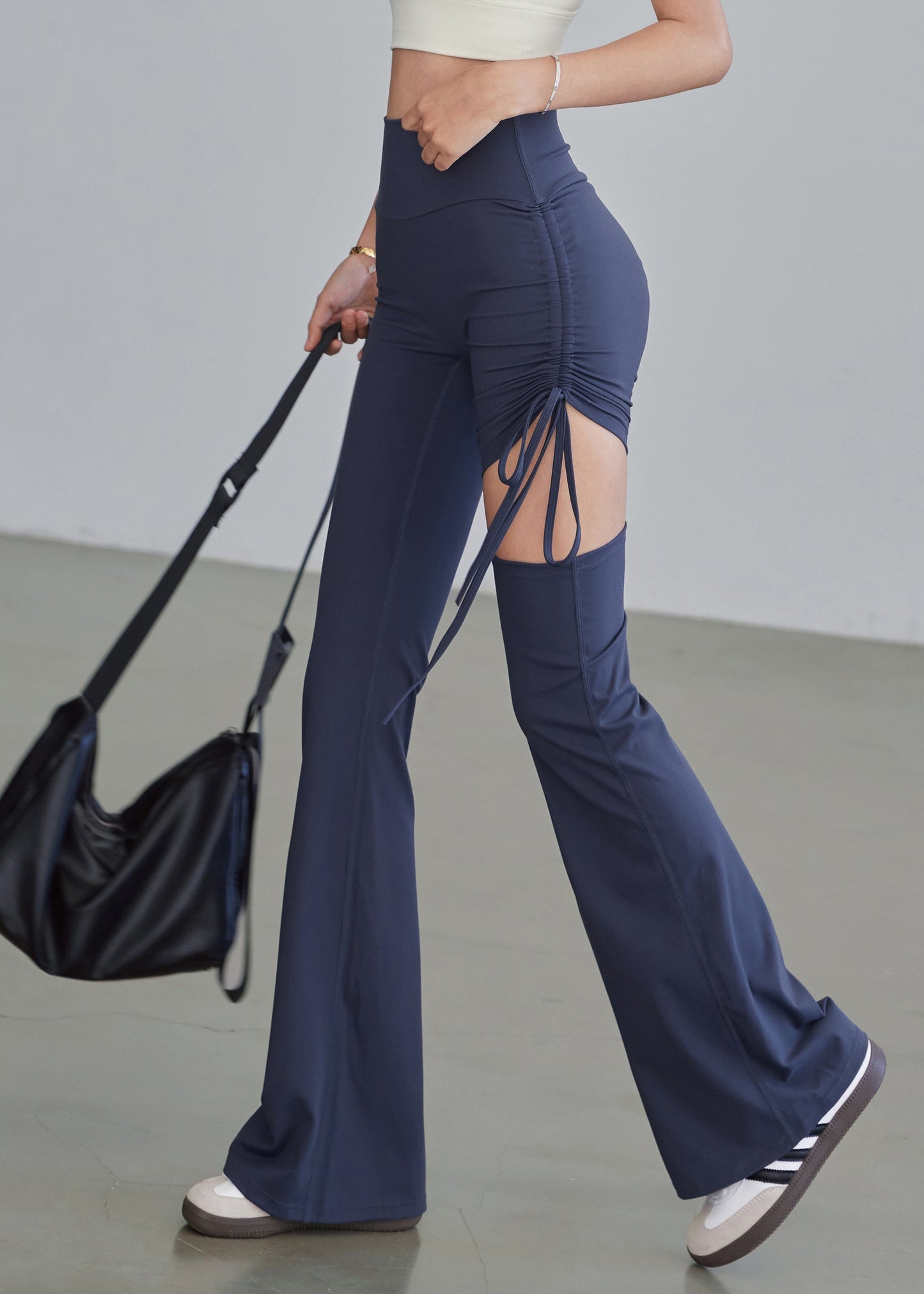 Blue High Waist Drawstring Hollow Out Yoga Pants