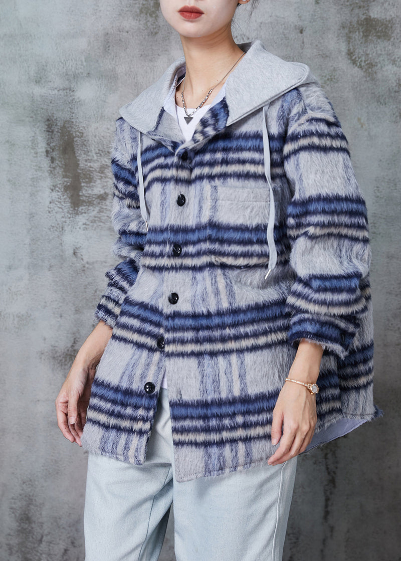 Blue Hooded Plaid Fine Cotton Filled Coat Winter
