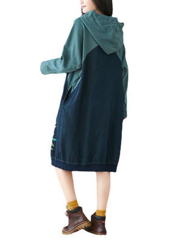 Blue Hooded Pockets Drawstring Print Fall Sweatshirts Dress