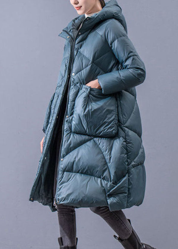 Blue-green Hooded Zippered Oversized Thick Cotton Blend Puffers Jackets Winter