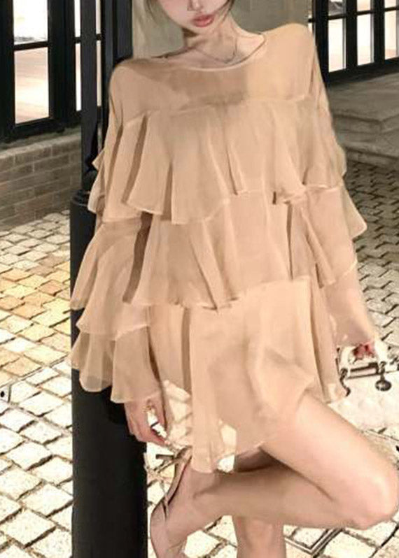 Blue O-nec Ruffled Tulle Patchwork Chiffon Shirt Spring