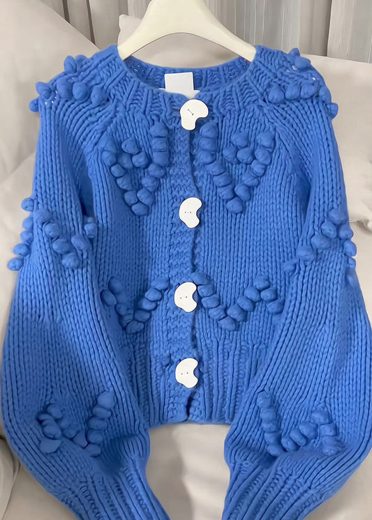 Blue O-neck Button Cotton Knit Cardigan Spring