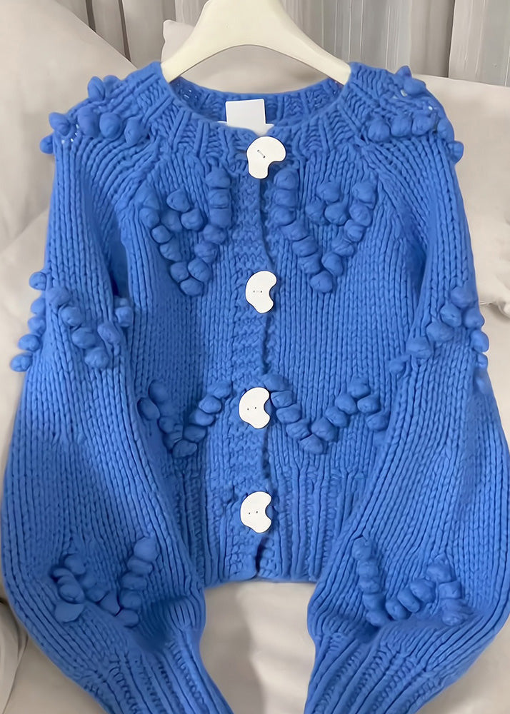 Blue O-neck Button Cotton Knit Cardigan Spring