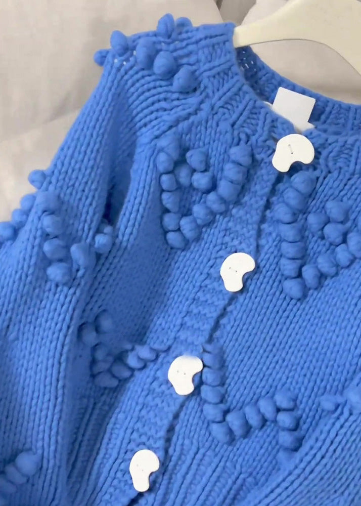 Blue O-neck Button Cotton Knit Cardigan Spring