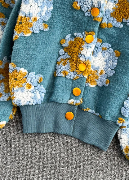 Blue O-neck Fluffy Button Knit Sweaters Spring
