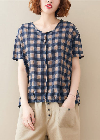 Blue O Neck Plaid Cotton T Shirt Top Short Sleeve