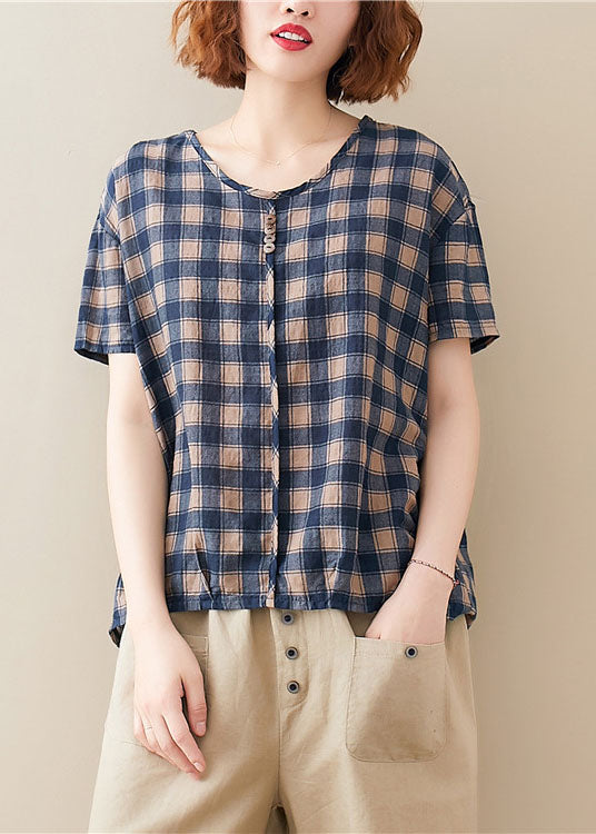 Blue O Neck Plaid Cotton T Shirt Top Short Sleeve