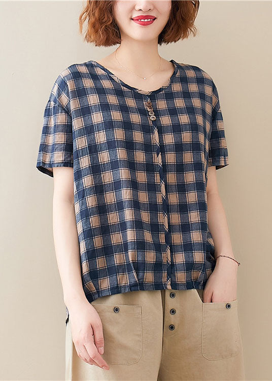 Blue O Neck Plaid Cotton T Shirt Top Short Sleeve