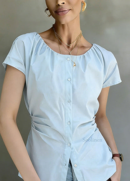 Blue O Neck Wrinkled Button Cotton Shirt Summer