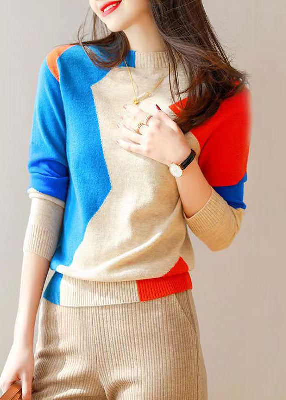 Blue Orange Patchwork Woolen Knit Sweaters Top Fall