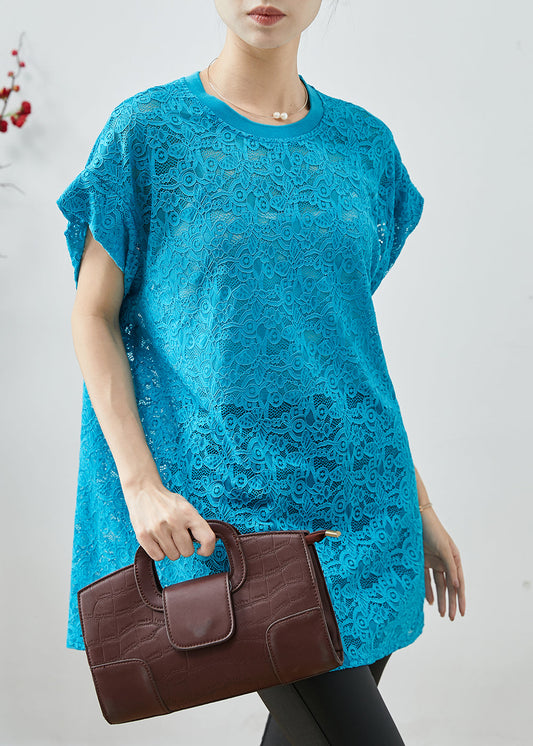 Blue Oversized Hollow Out Lace Tanks Summer