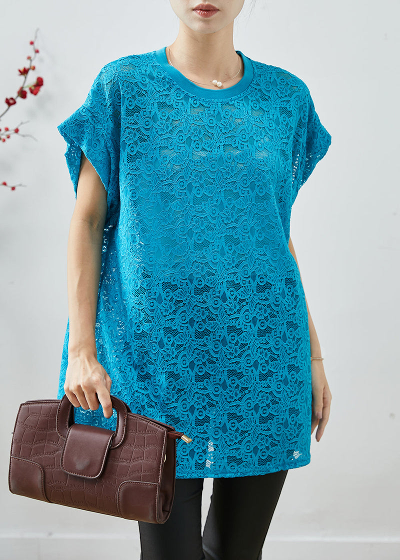Blue Oversized Hollow Out Lace Tanks Summer