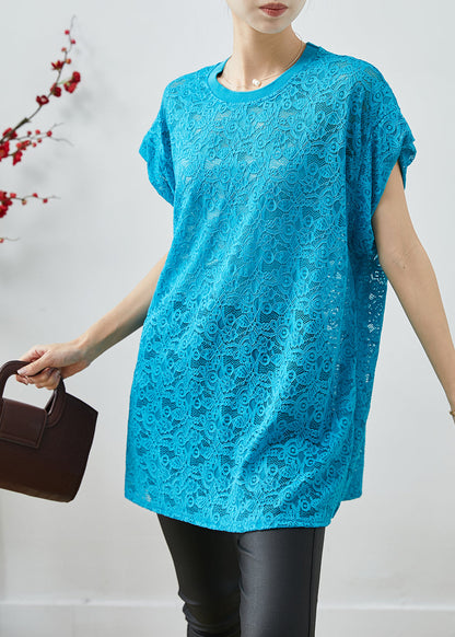 Blue Oversized Hollow Out Lace Tanks Summer