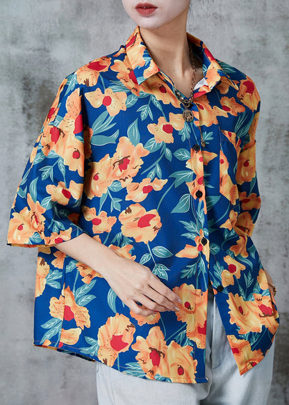 Blue Oversized Print Cotton Shirts Half Sleeve