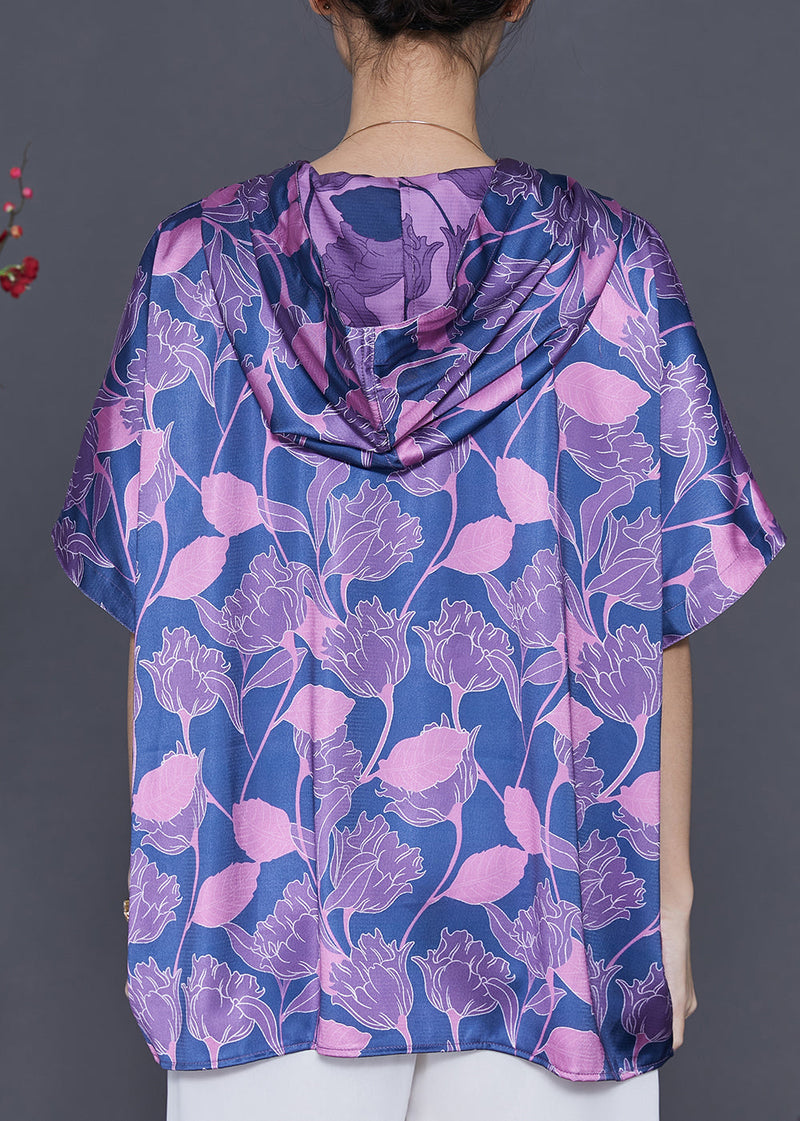 Blue Oversized Print Silk Shirt Blouse Summer